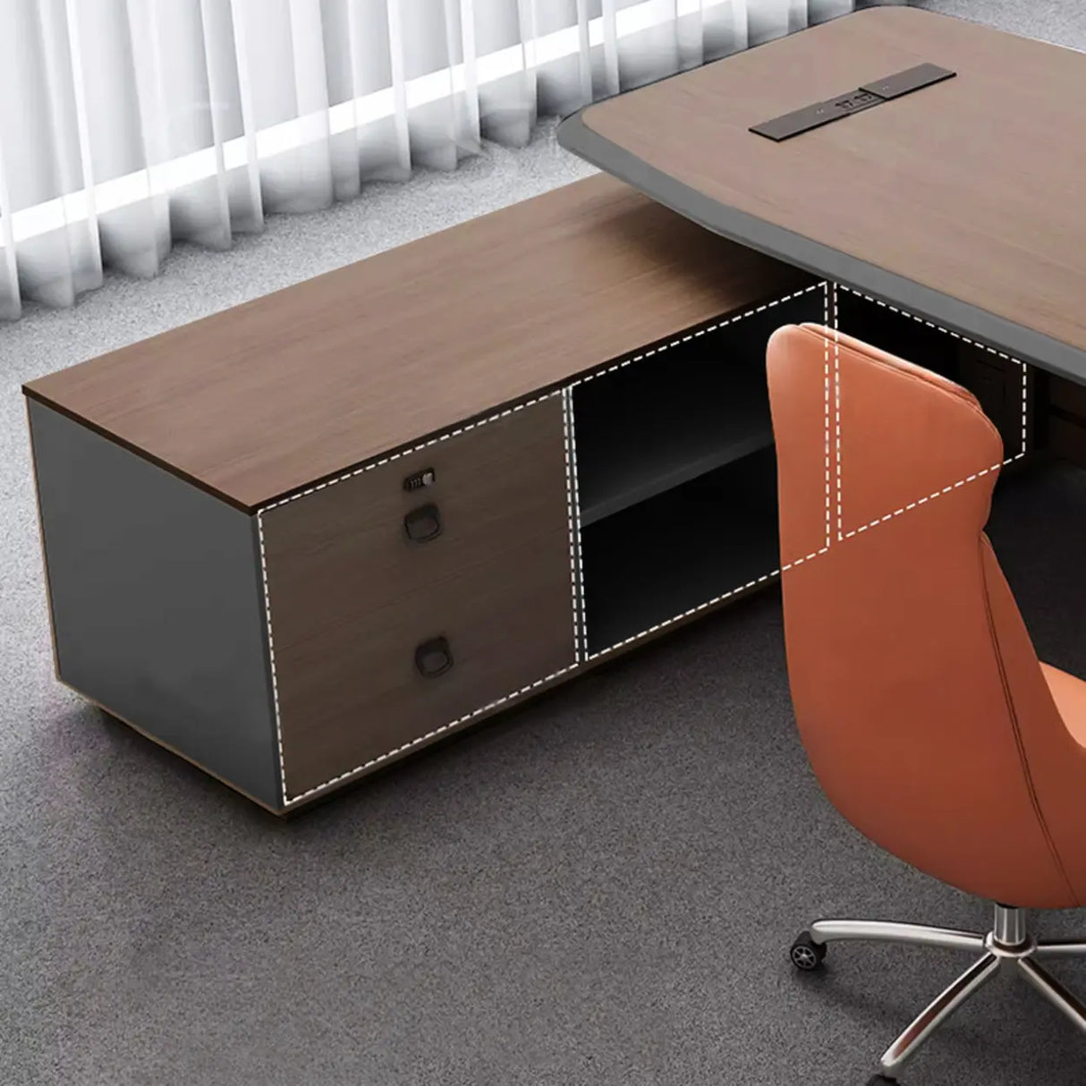 Brown L-Shaped Long Wooden Computer Desk with Shelves Image - 11