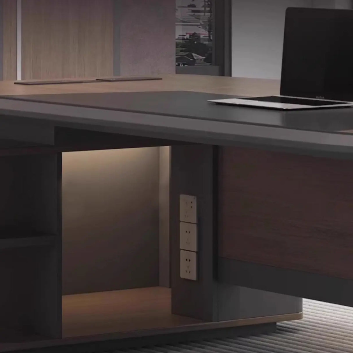 Brown L-Shaped Long Wooden Computer Desk with Shelves Image - 13