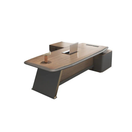 Brown L-Shaped Long Wooden Computer Desk with Shelves Image - 2