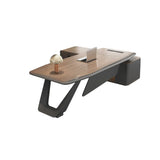 Brown L-Shaped Long Wooden Computer Desk with Shelves Image - 3