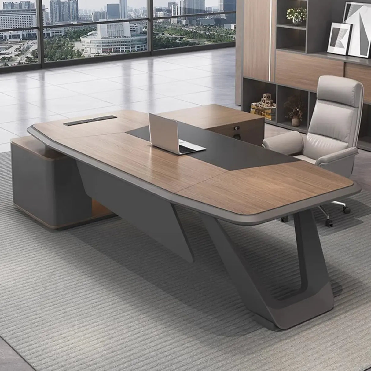 Brown L-Shaped Long Wooden Computer Desk with Shelves Image - 4