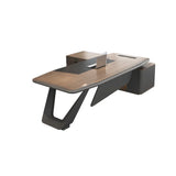 Brown L-Shaped Long Wooden Computer Desk with Shelves Image - 5
