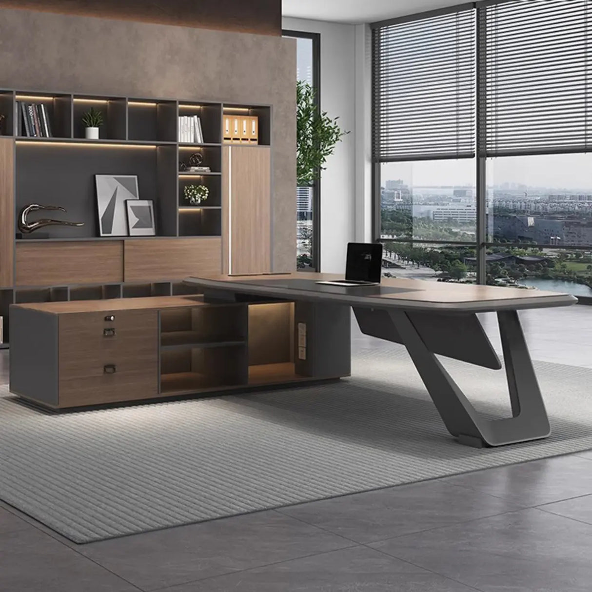 Brown L-Shaped Long Wooden Computer Desk with Shelves Image - 6