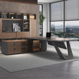 Brown L-Shaped Long Wooden Computer Desk with Shelves Image - 6