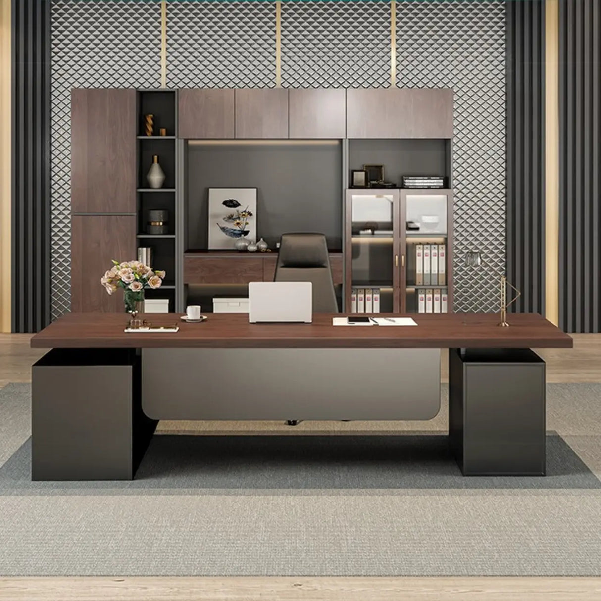 Brown L-Shaped Long Wooden Computer Desk with Storage Image - 2