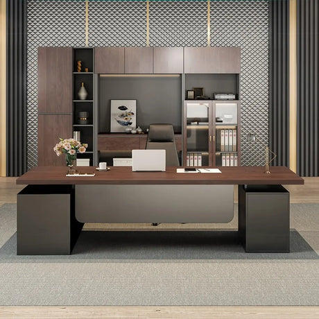 Brown L-Shaped Long Wooden Computer Desk with Storage Image - 2