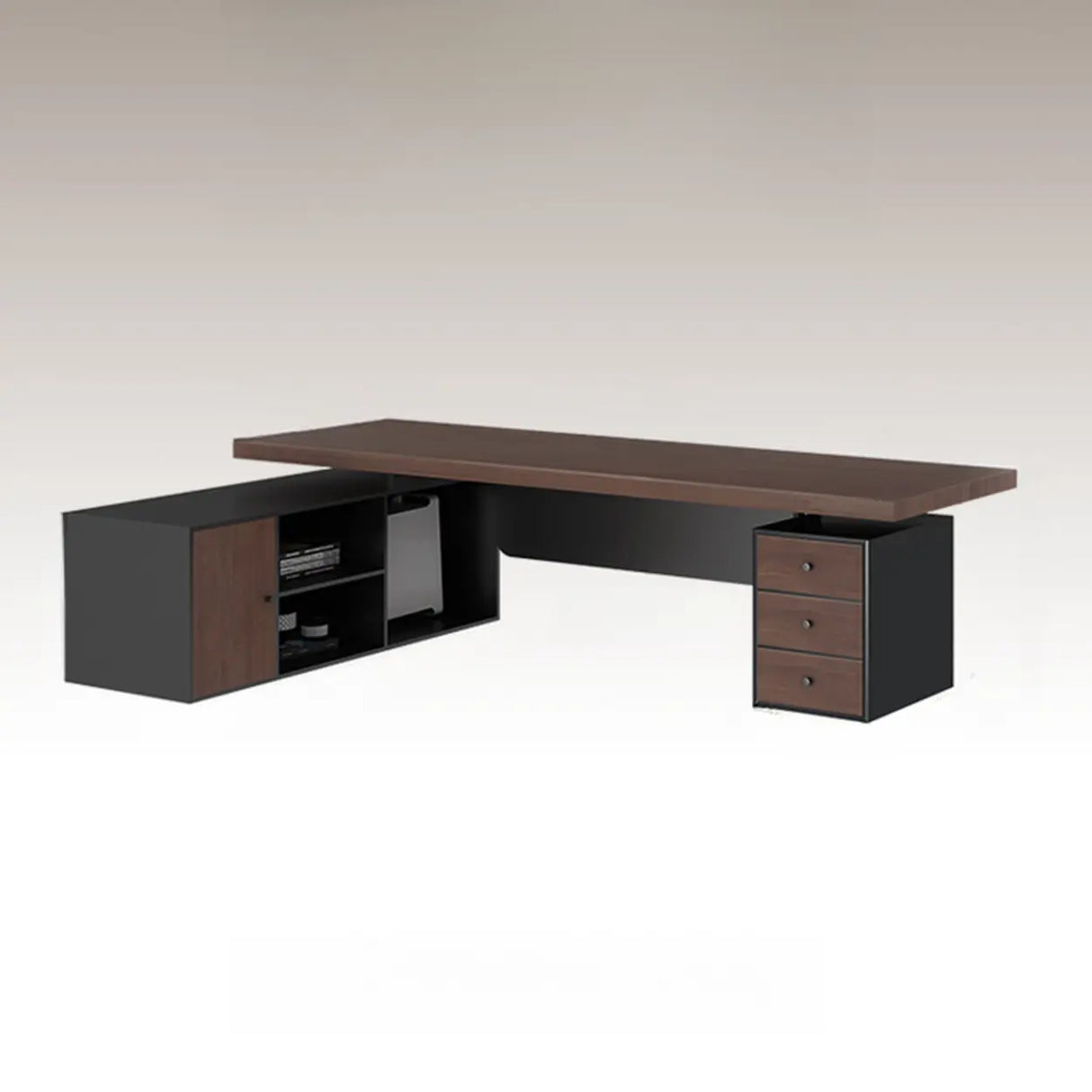 Brown L-Shaped Long Wooden Computer Desk with Storage Image - 6