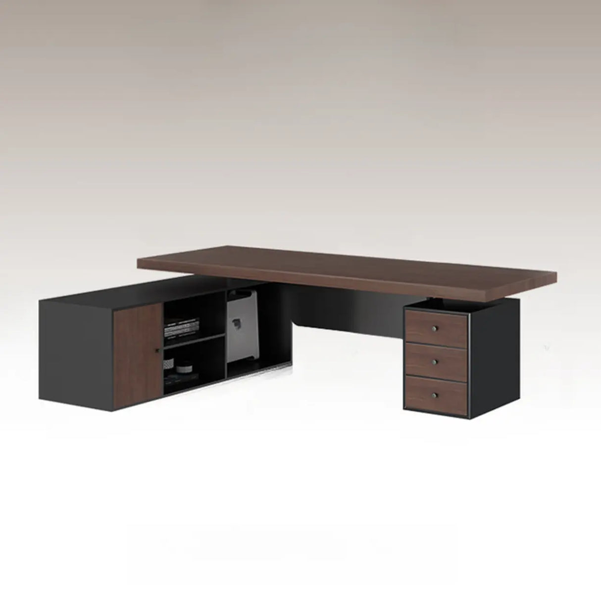 Brown L-Shaped Long Wooden Computer Desk with Storage Image - 8