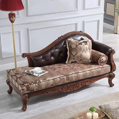 Brown Large Vintage Tufted Wood Leather Chaise Lounge Image - 1