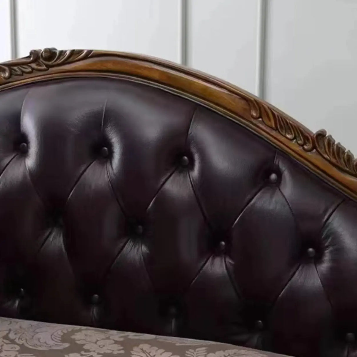 Brown Large Vintage Tufted Wood Leather Chaise Lounge Image - 6