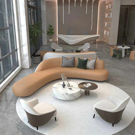 Brown Leather Curved Reception Sofa Five Piece Set Image - 1
