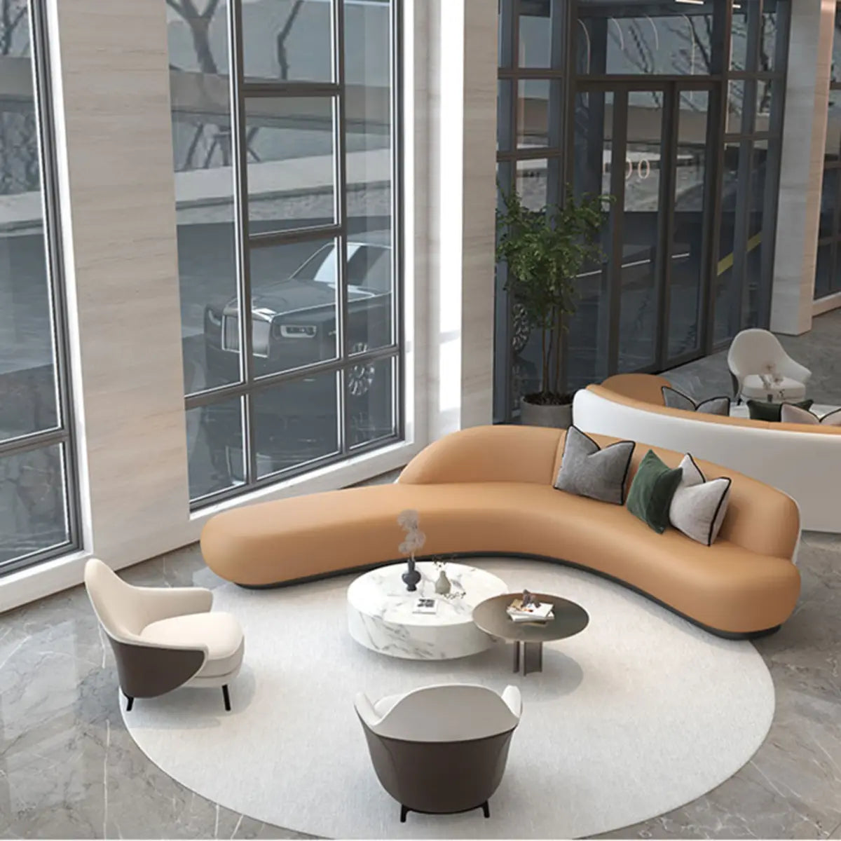 Brown Leather Curved Reception Sofa Five Piece Set Image - 8