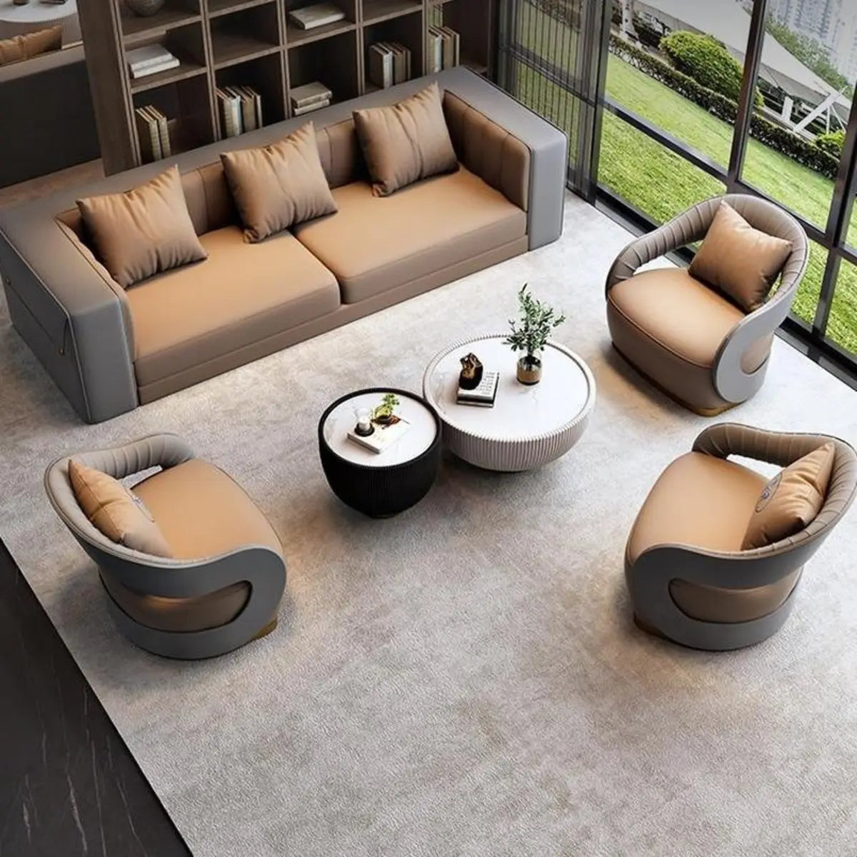 Brown Leather Metal Frame Sofa Seating Group with Table Image - 12