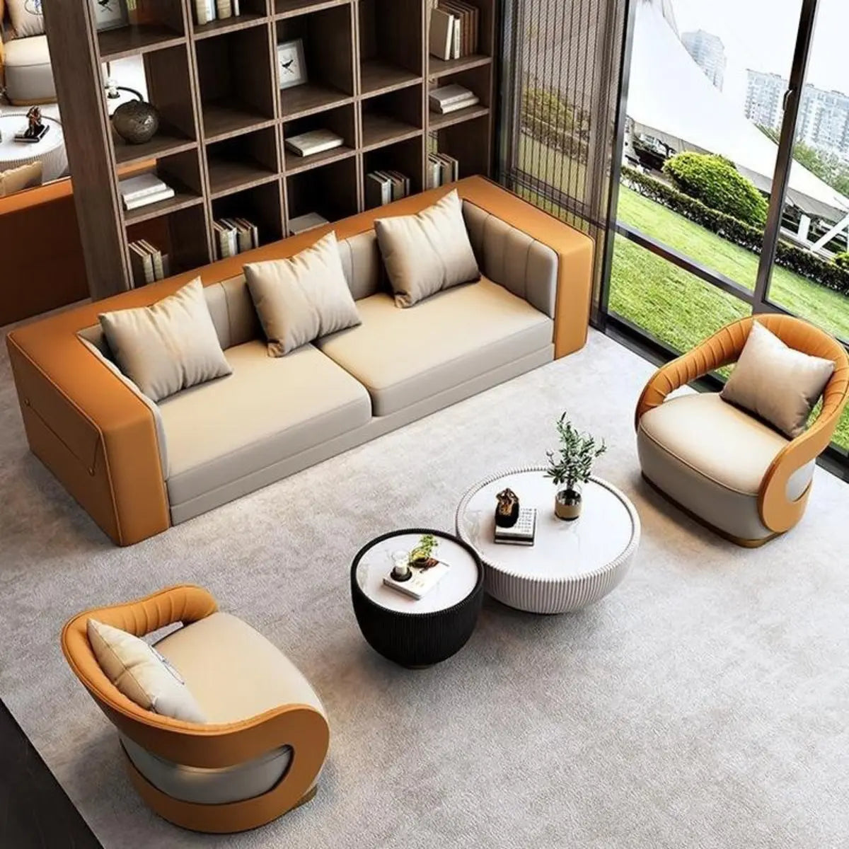 Brown Leather Metal Frame Sofa Seating Group with Table Image - 18