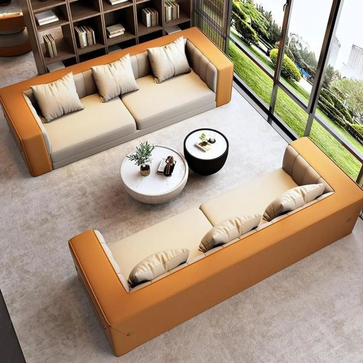 Brown Leather Metal Frame Sofa Seating Group with Table Image - 19