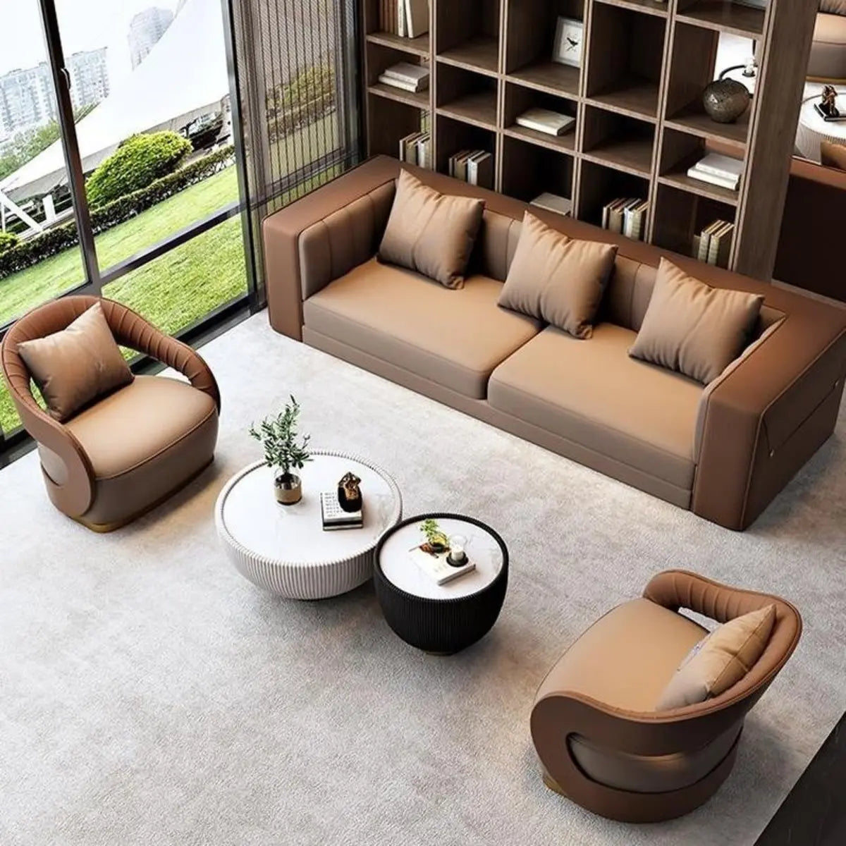 Brown Leather Metal Frame Sofa Seating Group with Table Image - 20