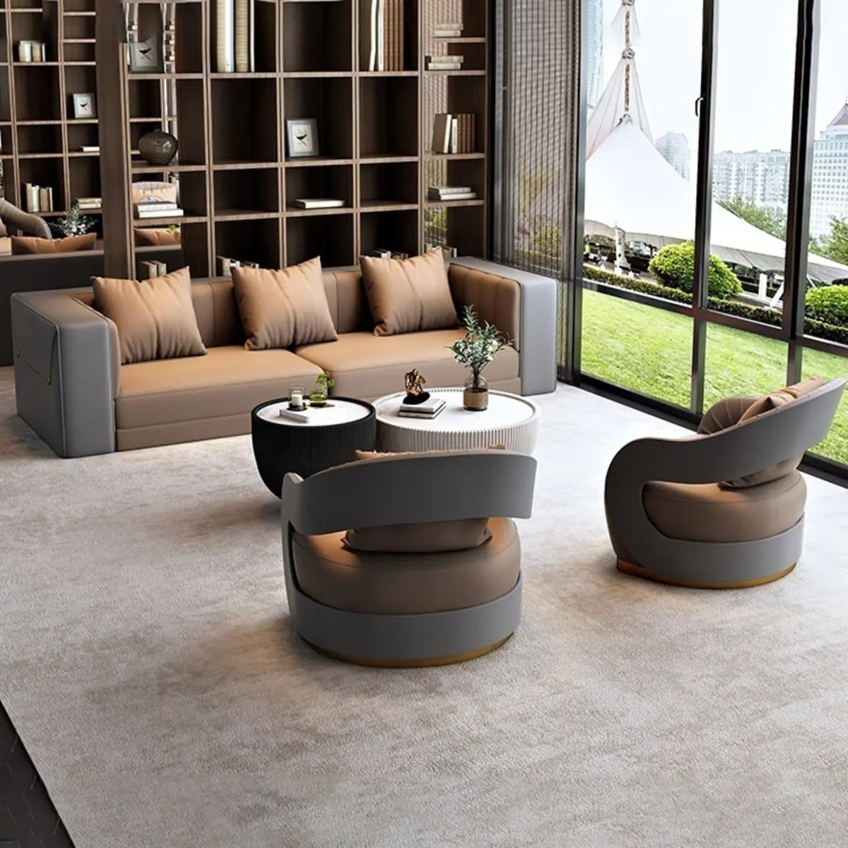 Brown Leather Metal Frame Sofa Seating Group with Table Image - 21