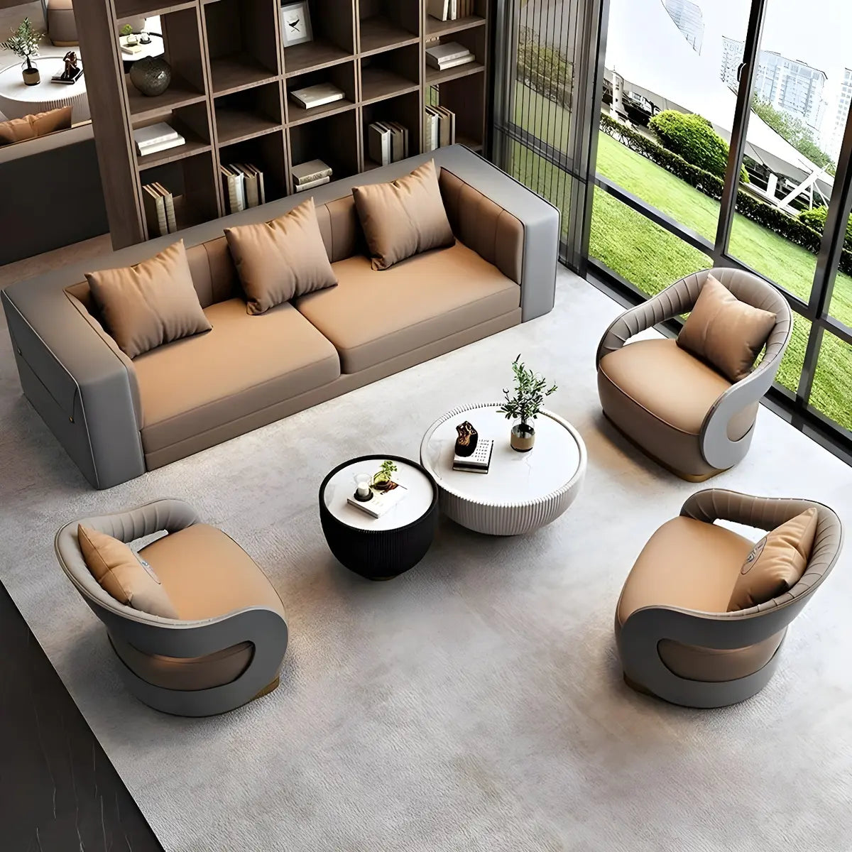 Brown Leather Metal Frame Sofa Seating Group with Table Image - 3