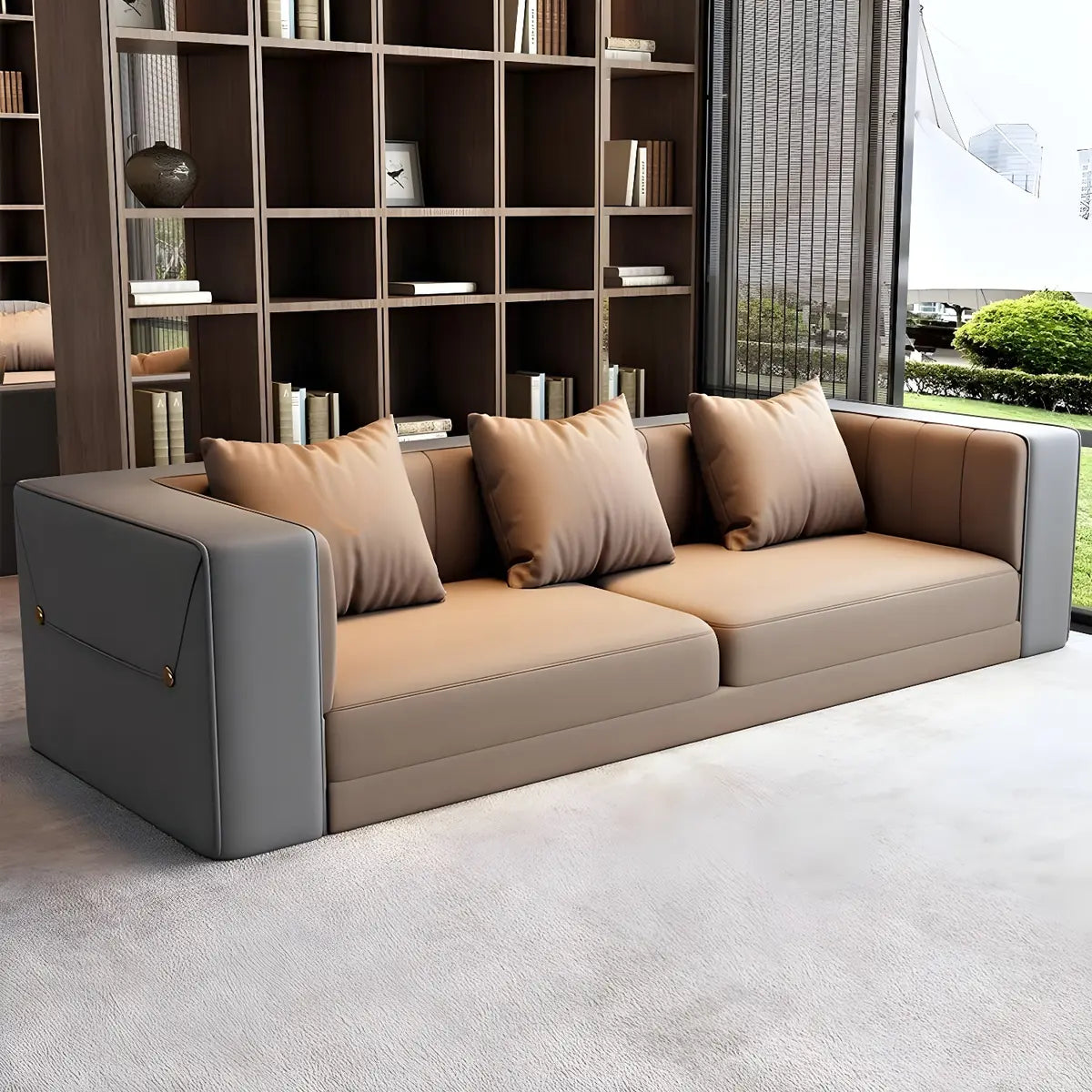 Brown Leather Metal Frame Sofa Seating Group with Table Image - 6