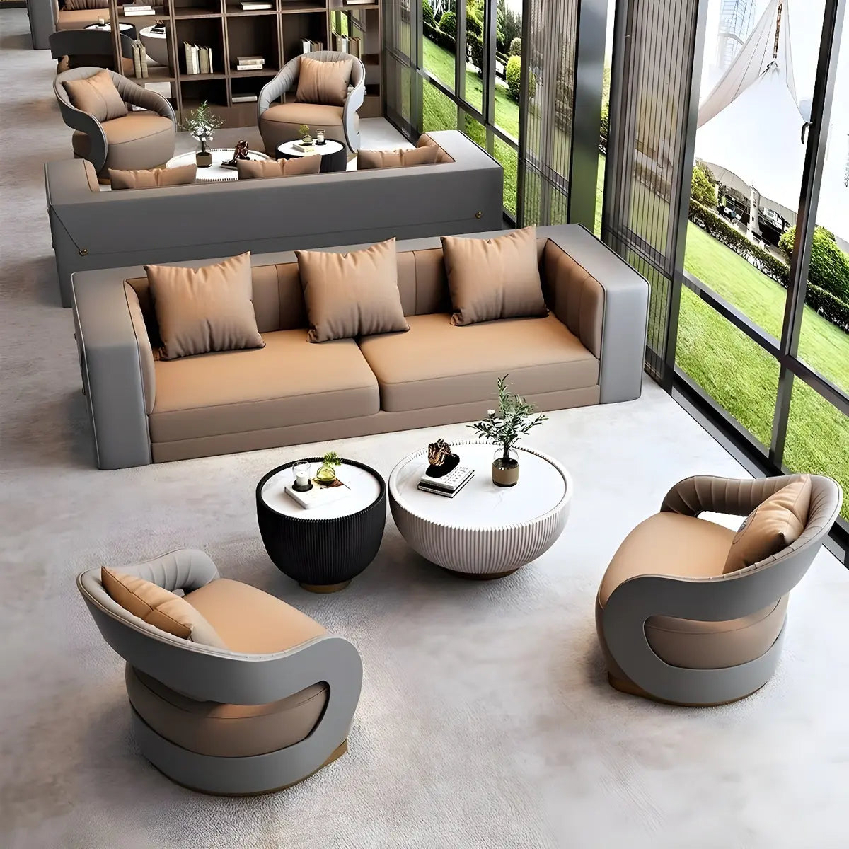 Brown Leather Metal Frame Sofa Seating Group with Table Image - 8
