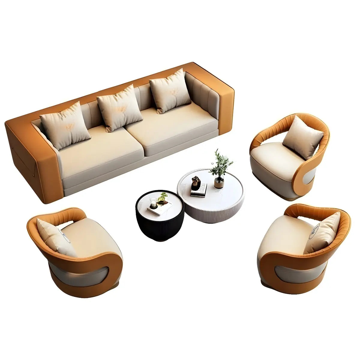 Brown Leather Metal Frame Sofa Seating Group with Table Image - 9