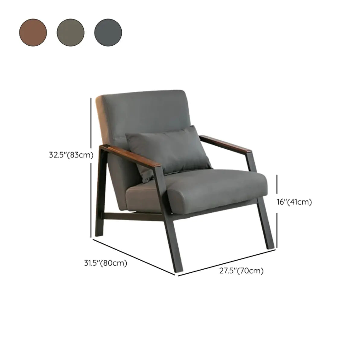 Brown Leather Pillow Back Metal Four Legs Arm Chair 