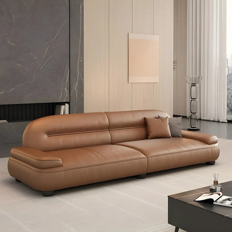 Brown Leather Tight Back Reception Sofa with Pillow Image - 1