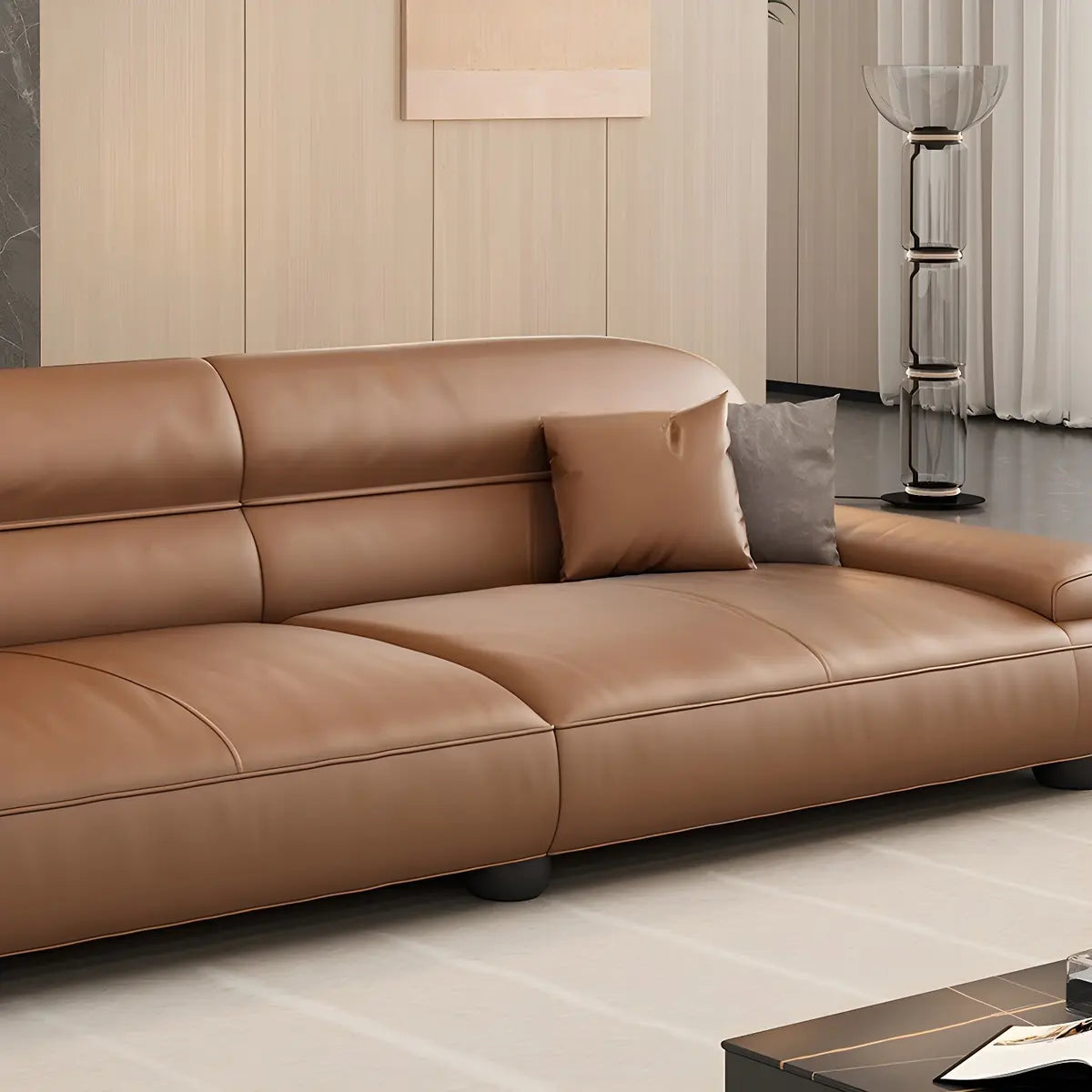 Brown Leather Tight Back Reception Sofa with Pillow Image - 19
