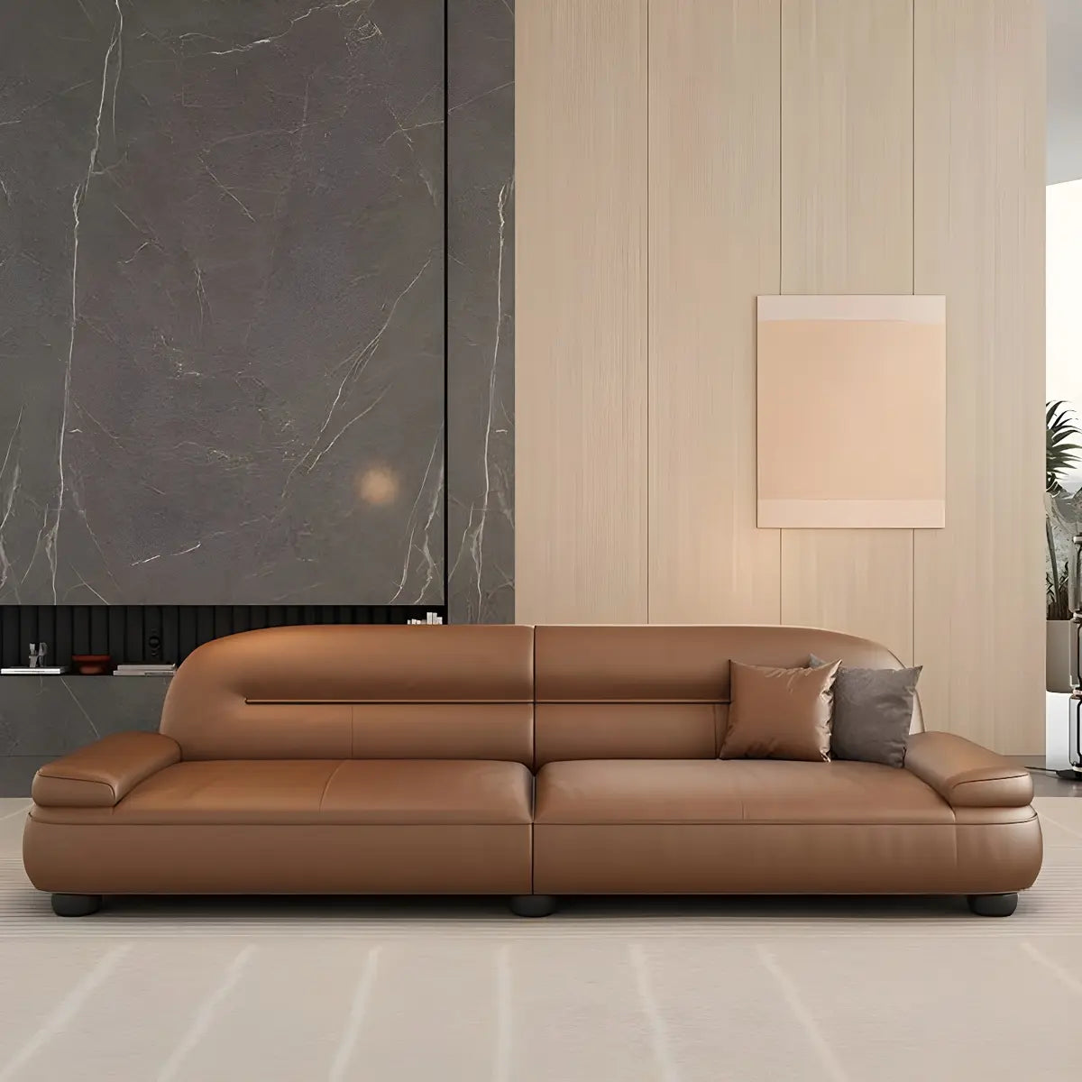 Brown Leather Tight Back Reception Sofa with Pillow Image - 22