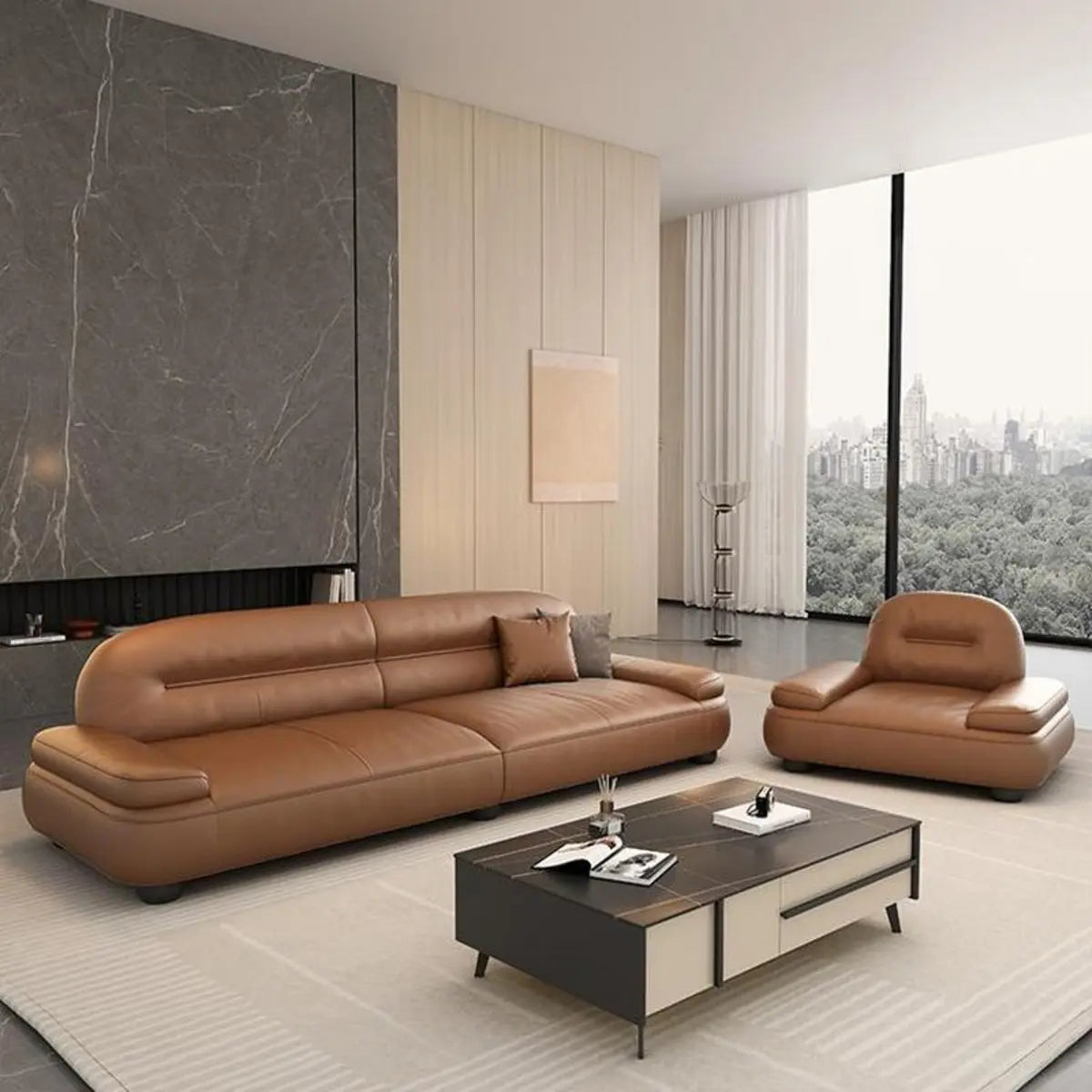 Brown Leather Tight Back Reception Sofa with Pillow Image - 5