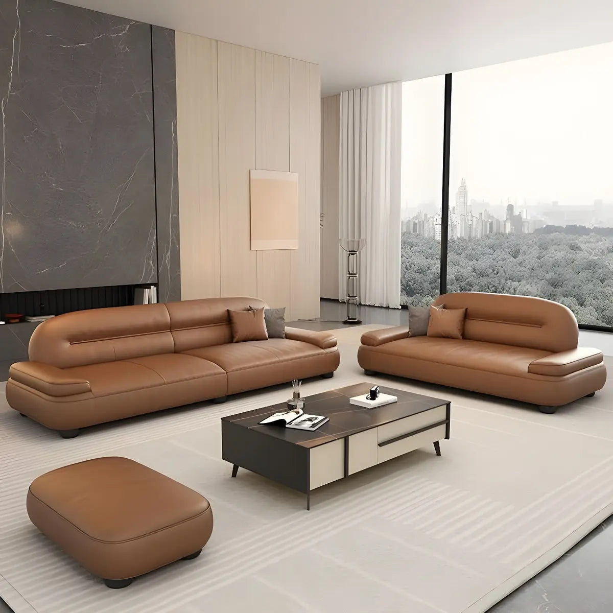 Brown Leather Tight Back Reception Sofa with Pillow Image - 8