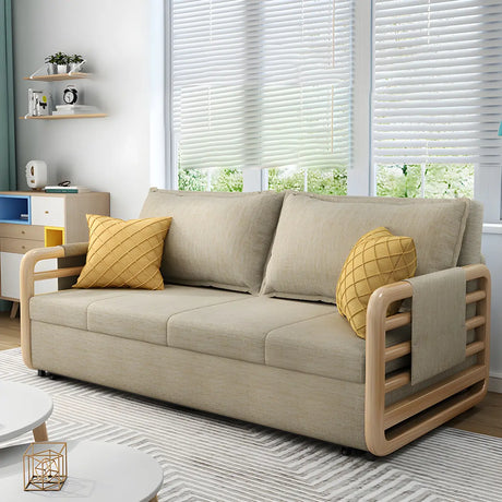 Brown Linen Square Arm Pillow Back Sofa Bed with Pillow Image - 1