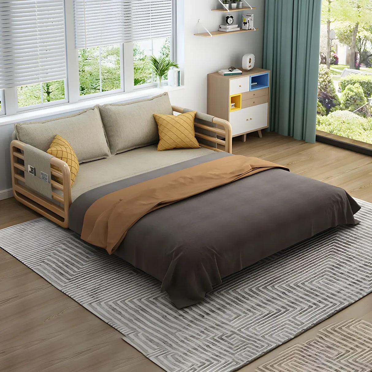 Brown Linen Square Arm Pillow Back Sofa Bed with Pillow Image - 11