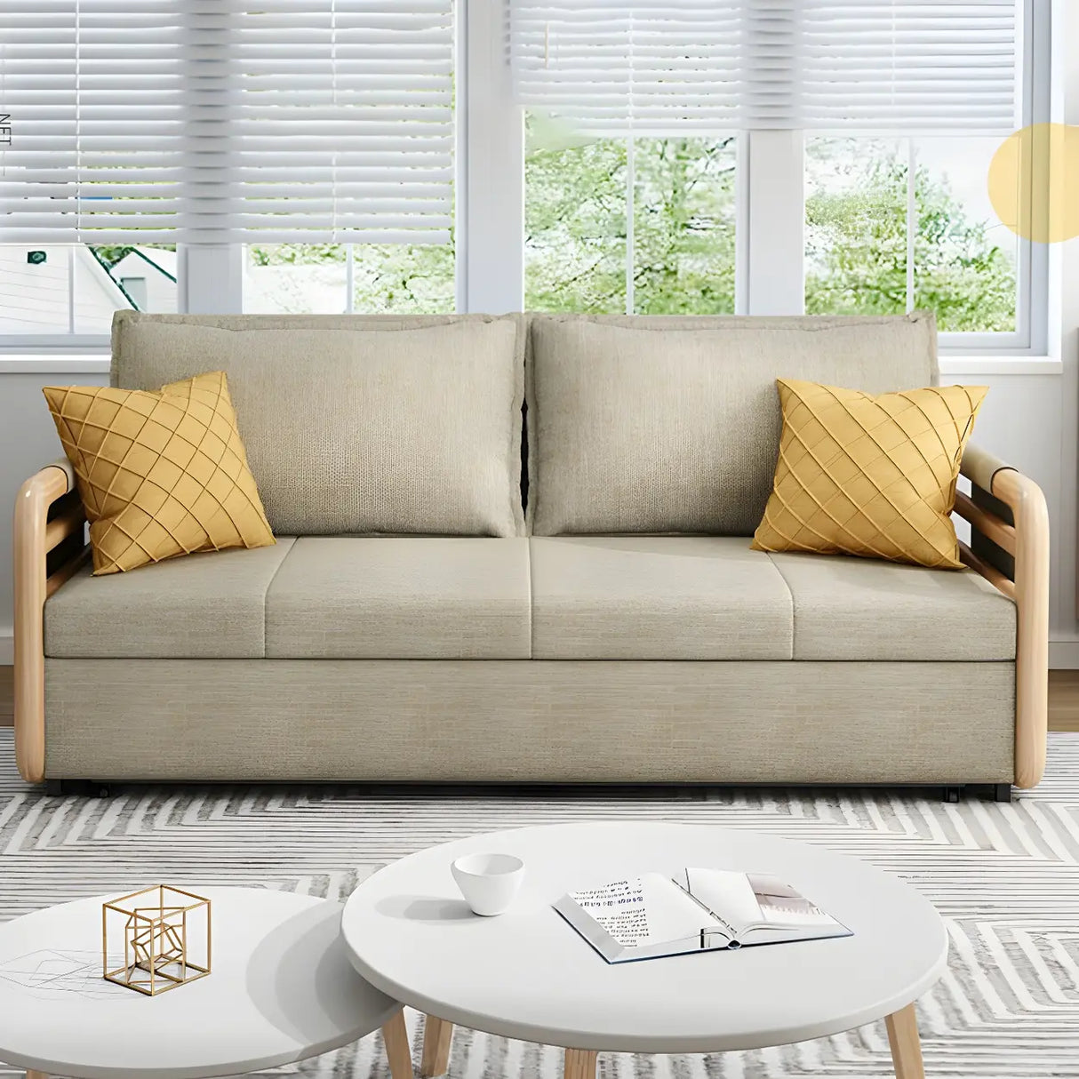 Brown Linen Square Arm Pillow Back Sofa Bed with Pillow Image - 12