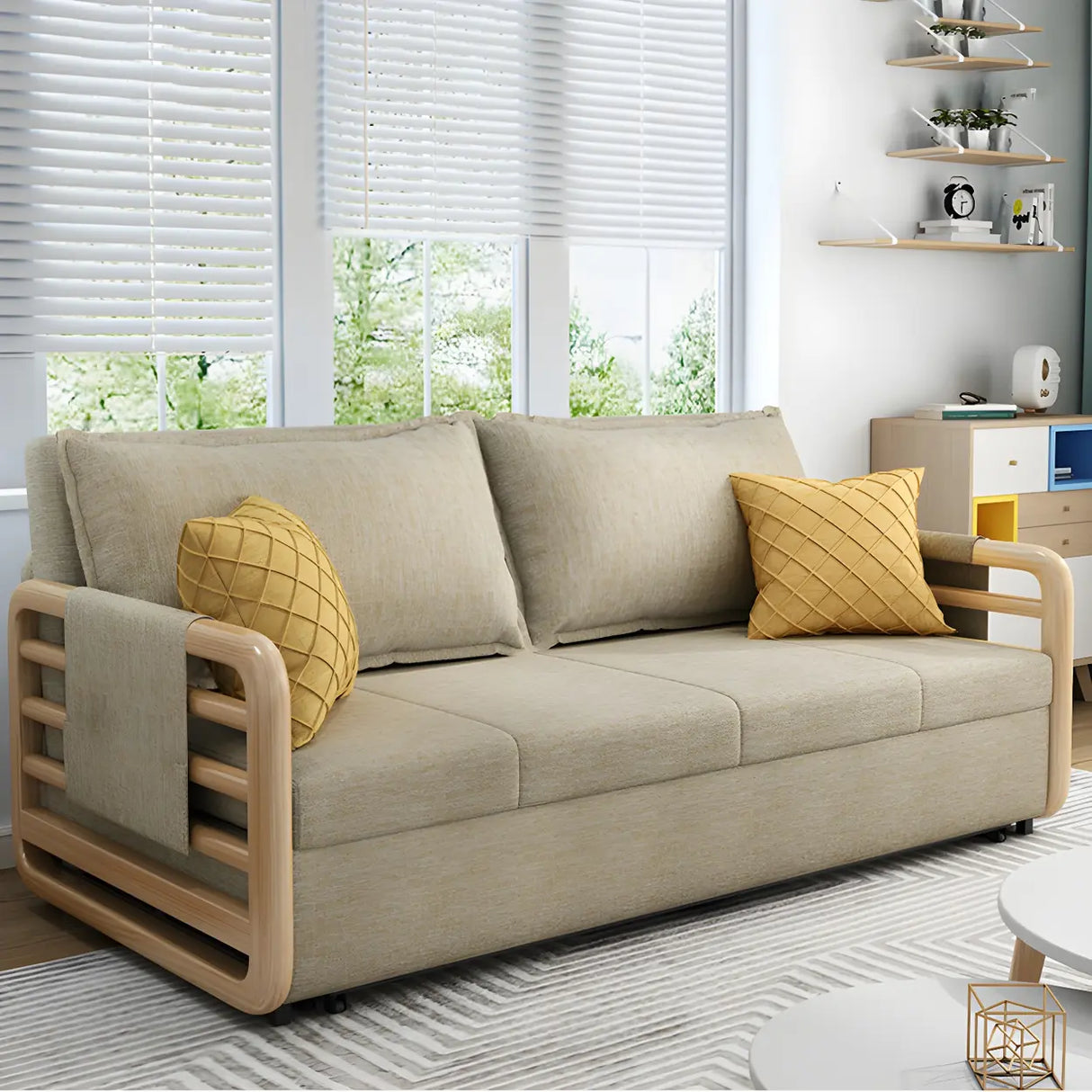 Brown Linen Square Arm Pillow Back Sofa Bed with Pillow Image - 13