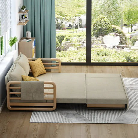 Brown Linen Square Arm Pillow Back Sofa Bed with Pillow Image - 2
