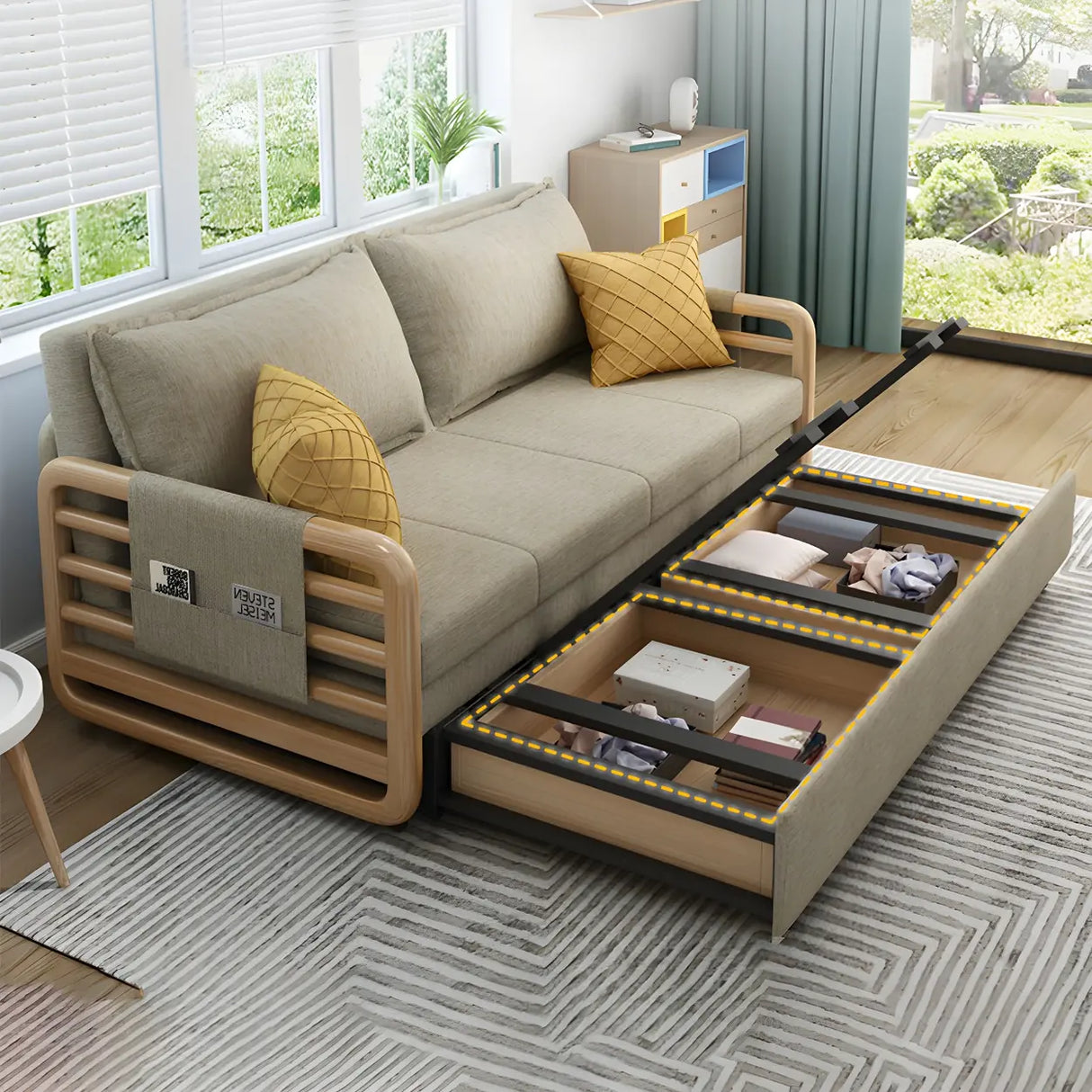 Brown Linen Square Arm Pillow Back Sofa Bed with Pillow Image - 3