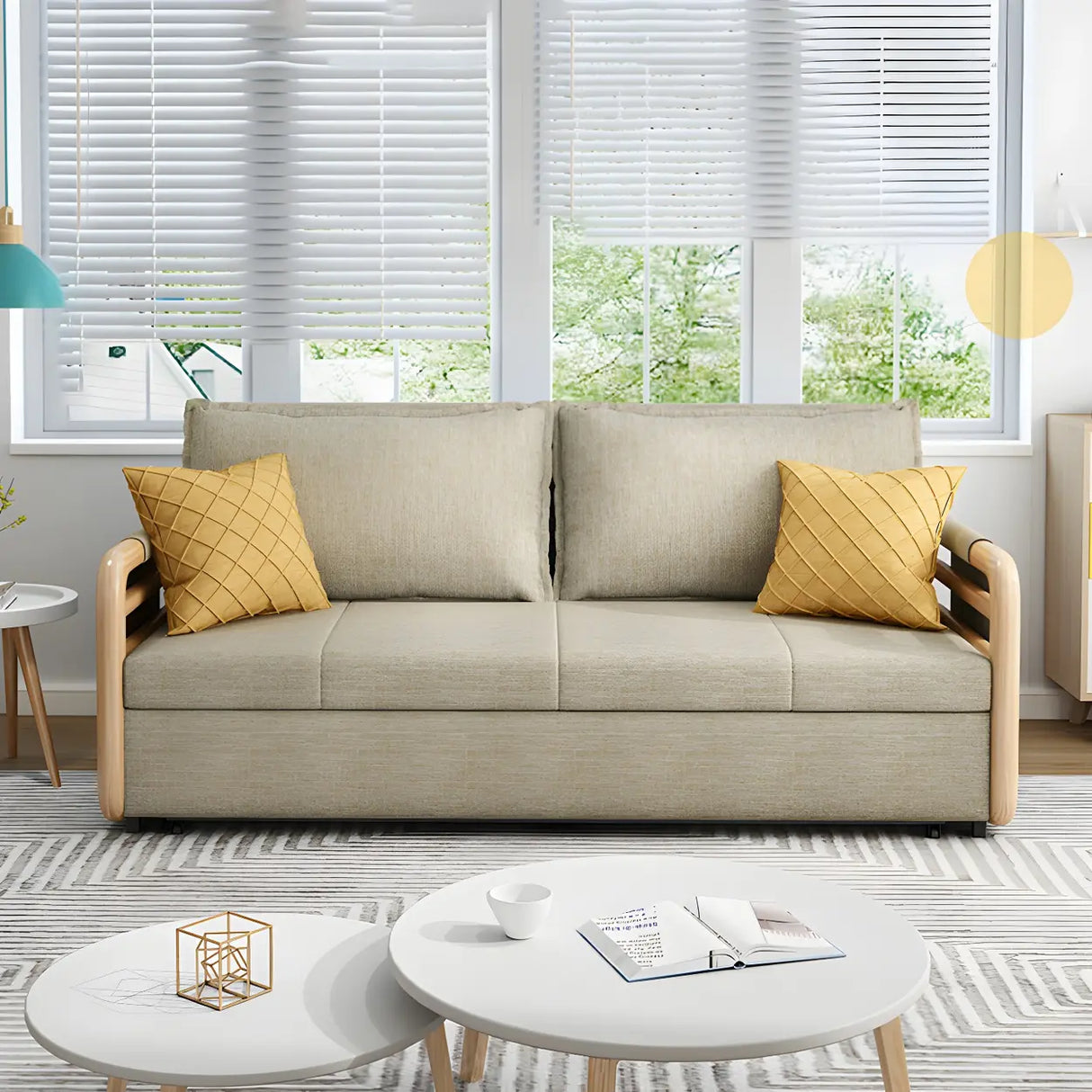 Brown Linen Square Arm Pillow Back Sofa Bed with Pillow Image - 4