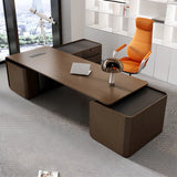 Brown Long Deep L-Shaped Walnut Desk with Storage Image - 1