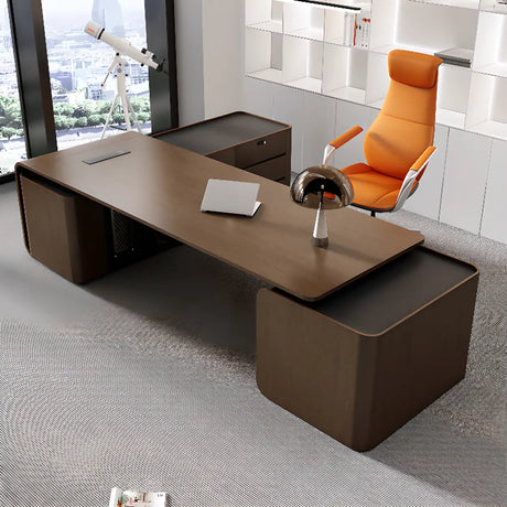 Brown Long Deep L-Shaped Walnut Desk with Storage Image - 1