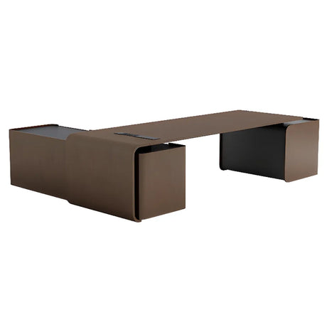 Brown Long Deep L-Shaped Walnut Desk with Storage Image - 2