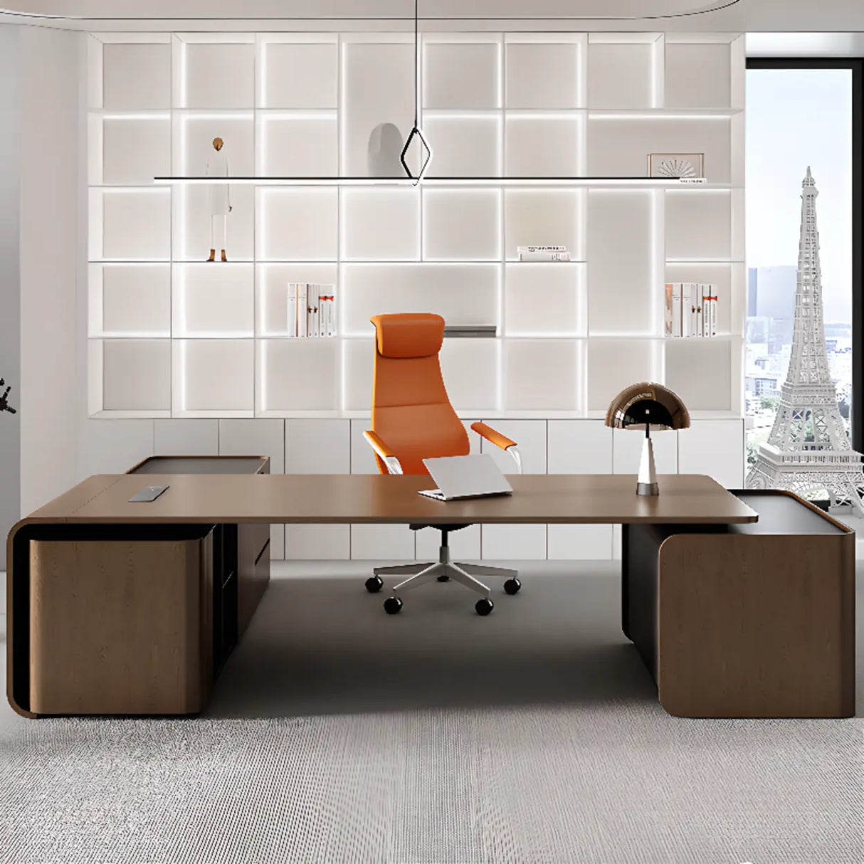 Brown Long Deep L-Shaped Walnut Desk with Storage Image - 3