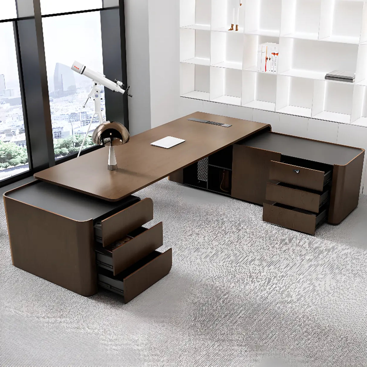 Brown Long Deep L-Shaped Walnut Desk with Storage Image - 4