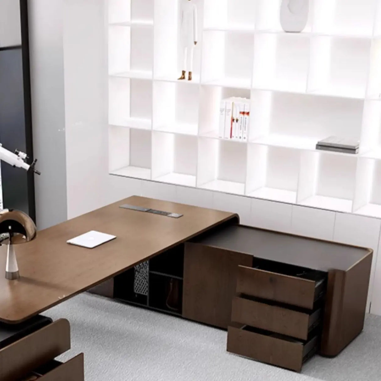 Brown Long Deep L-Shaped Walnut Desk with Storage Image - 6