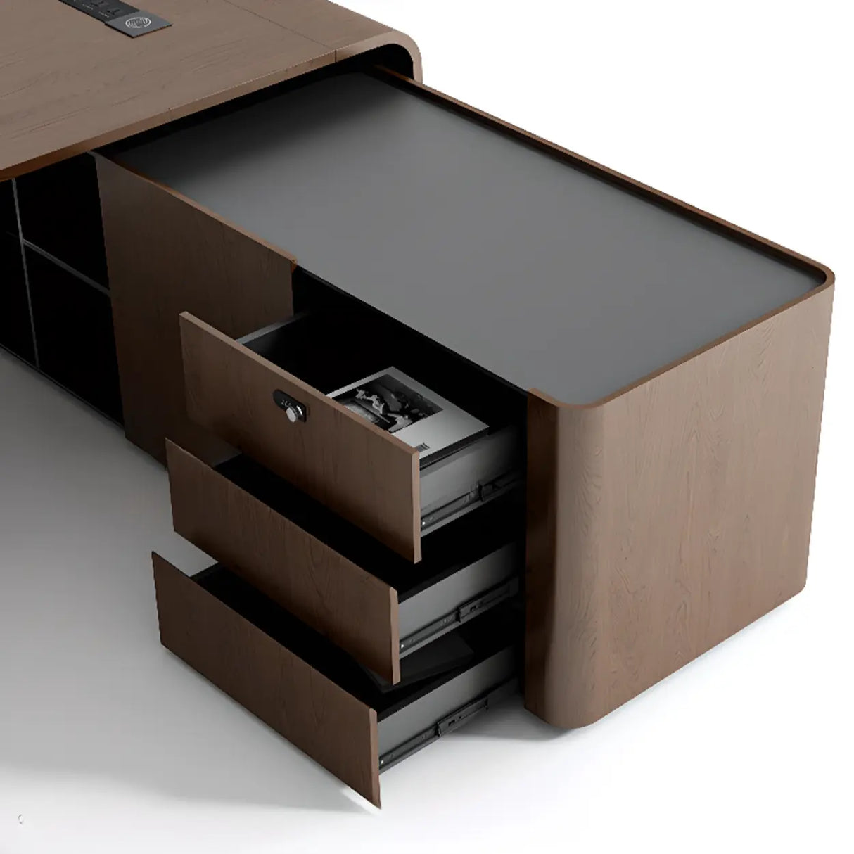 Brown Long Deep L-Shaped Walnut Desk with Storage Image - 7