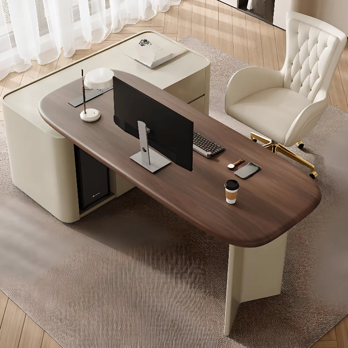 Brown Long Deep Oval Wood Desk with Drawer and Shelves Image - 1