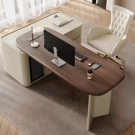 Brown Long Deep Oval Wood Desk with Drawer and Shelves Image - 1