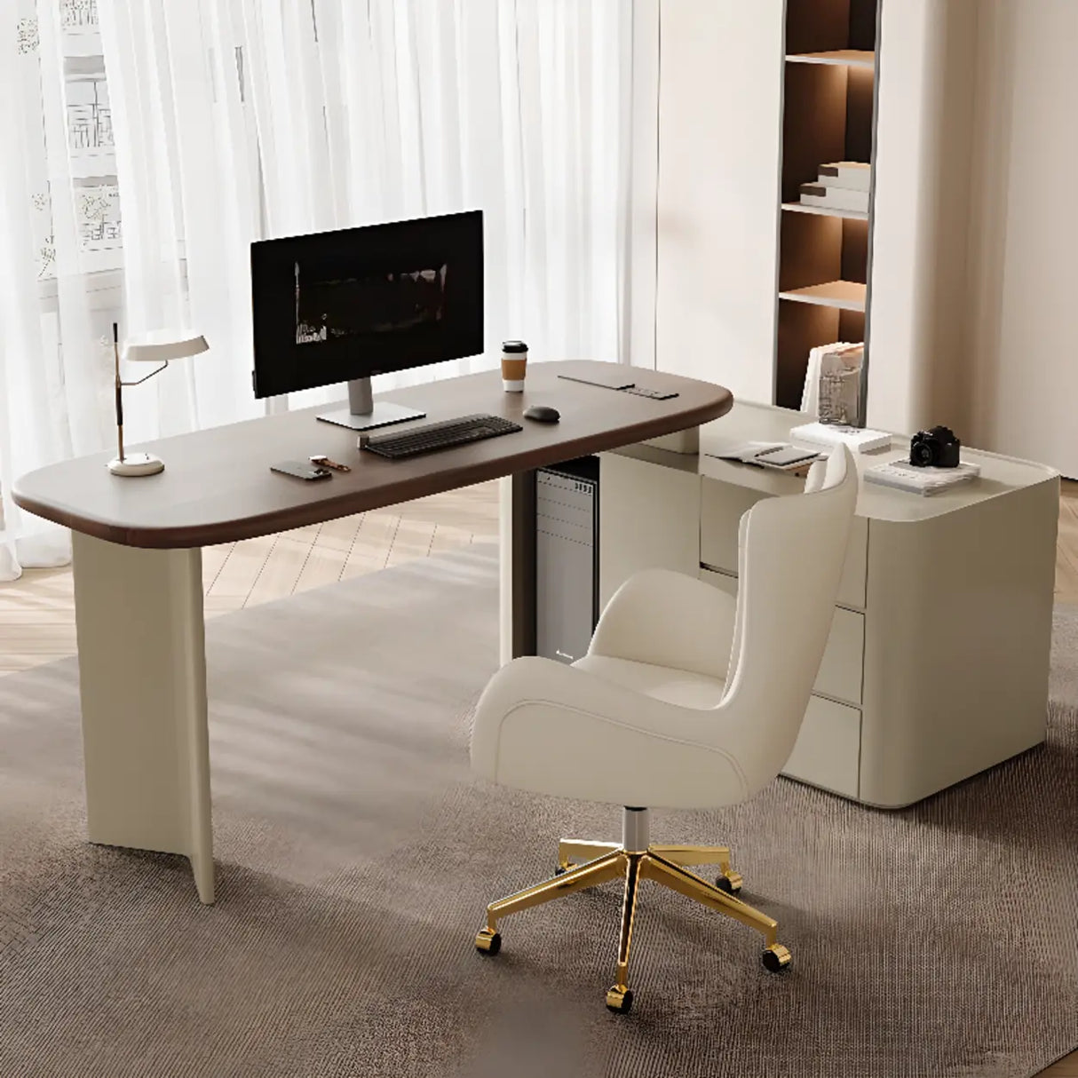 Brown Long Deep Oval Wood Desk with Drawer and Shelves Image - 11
