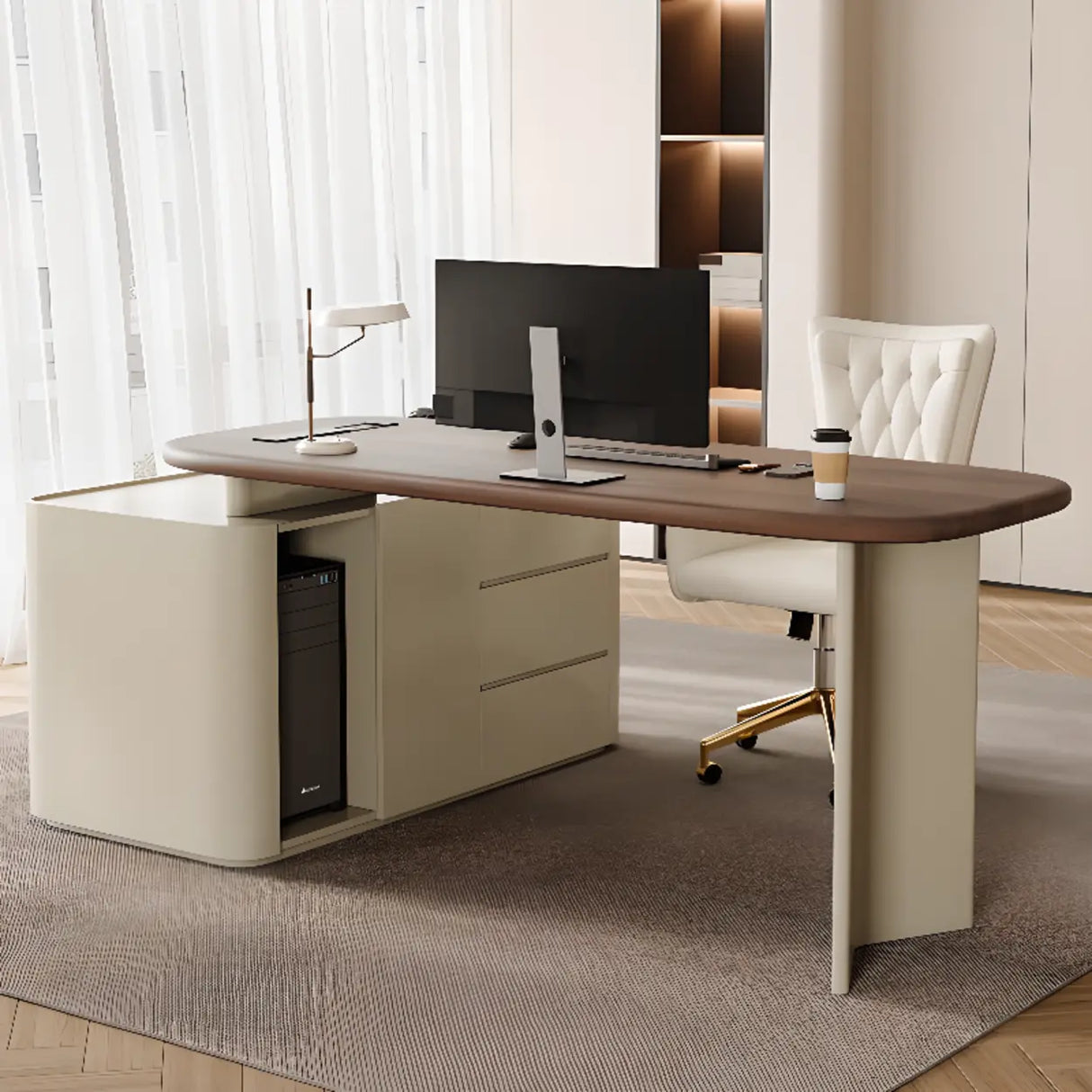 Brown Long Deep Oval Wood Desk with Drawer and Shelves Image - 13