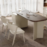 Brown Long Deep Oval Wood Desk with Drawer and Shelves Image - 14